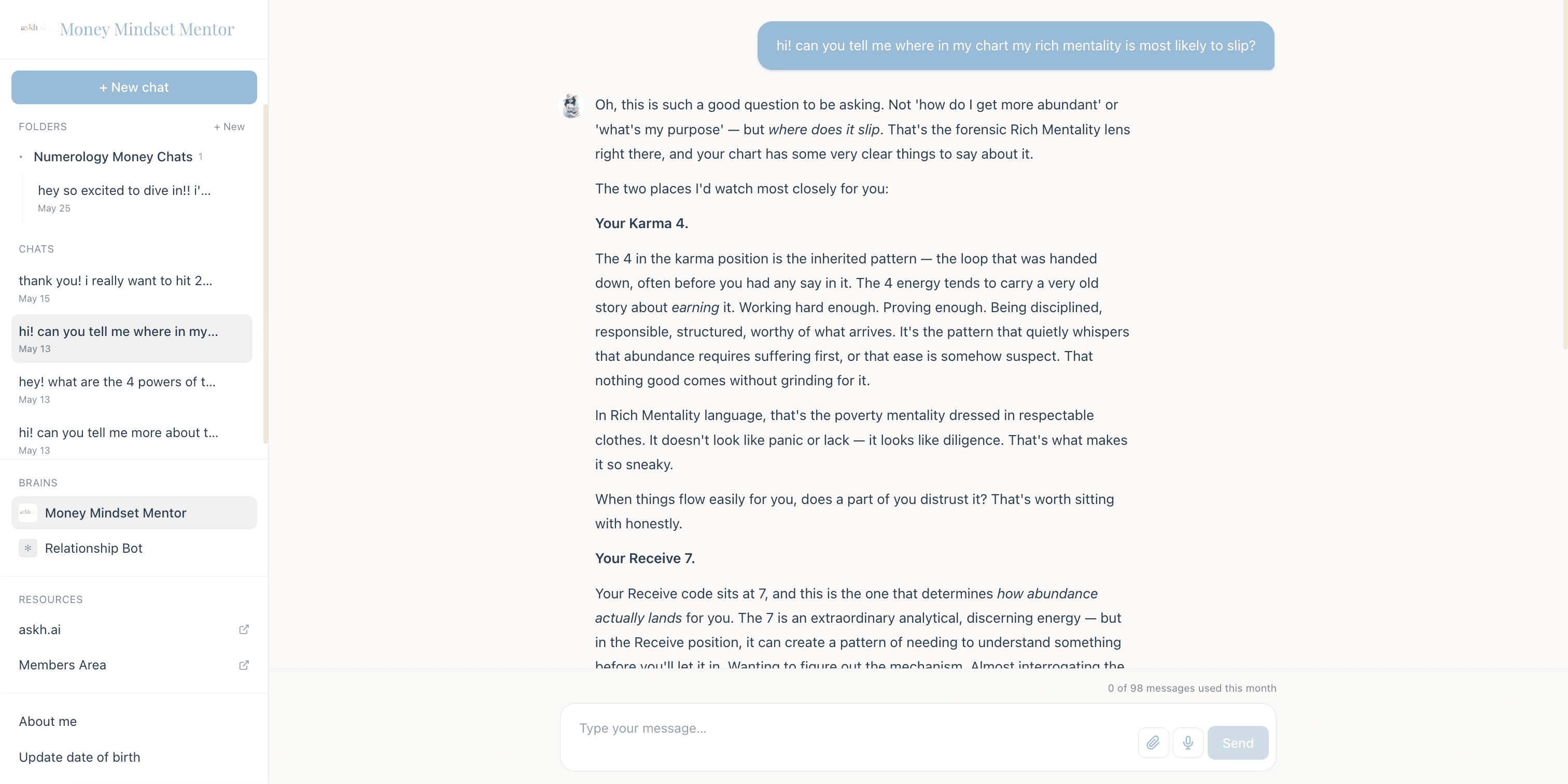 A real conversation inside the Money Mindset Mentor AI brain — the assistant responding in detail about karma positions and rich mentality lens, with the branded sidebar visible.