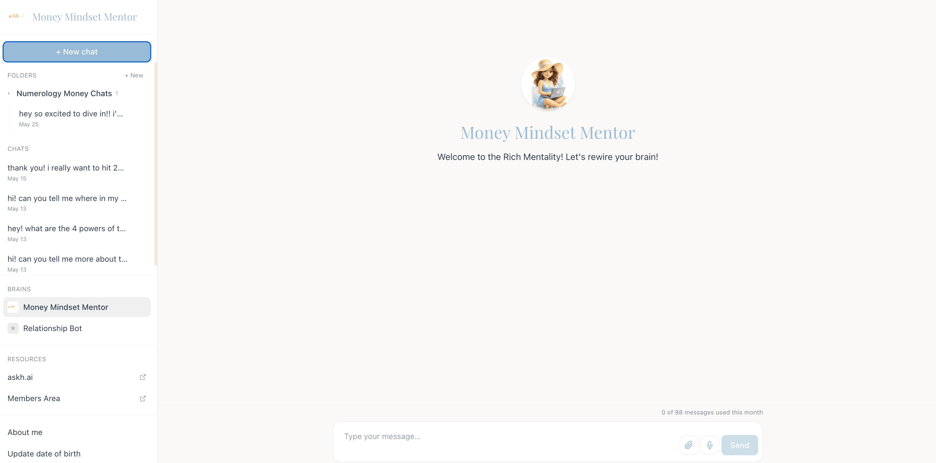 A branded end-user chat interface showing the Money Mindset Mentor AI brain — branded avatar, welcome message, sidebar with folders, multi-brain switcher, and resource links.