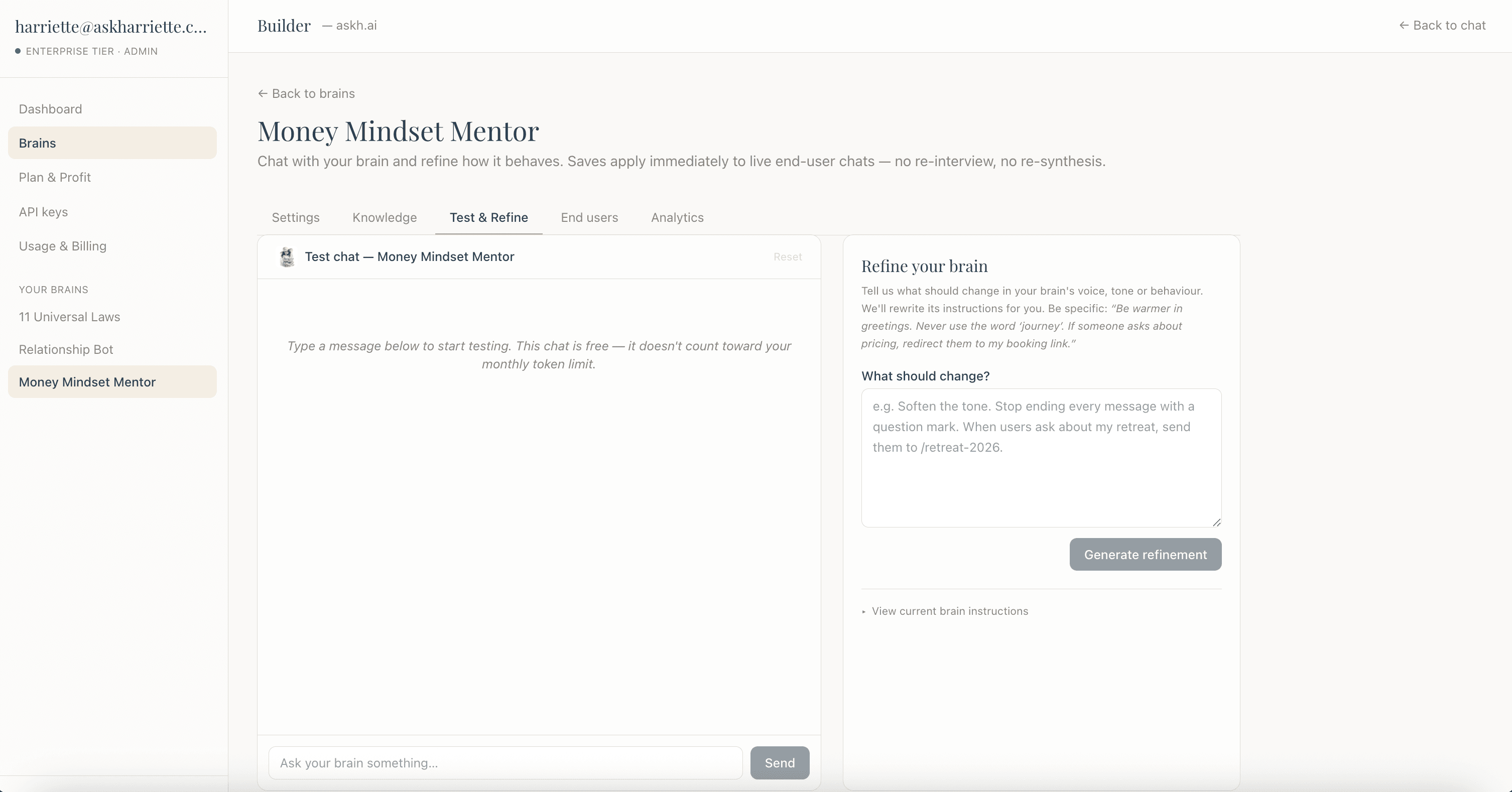 The Test & Refine tab inside the askh.ai Builder dashboard — a chat playground on the left and a refinement notes panel on the right where the builder describes changes they want.