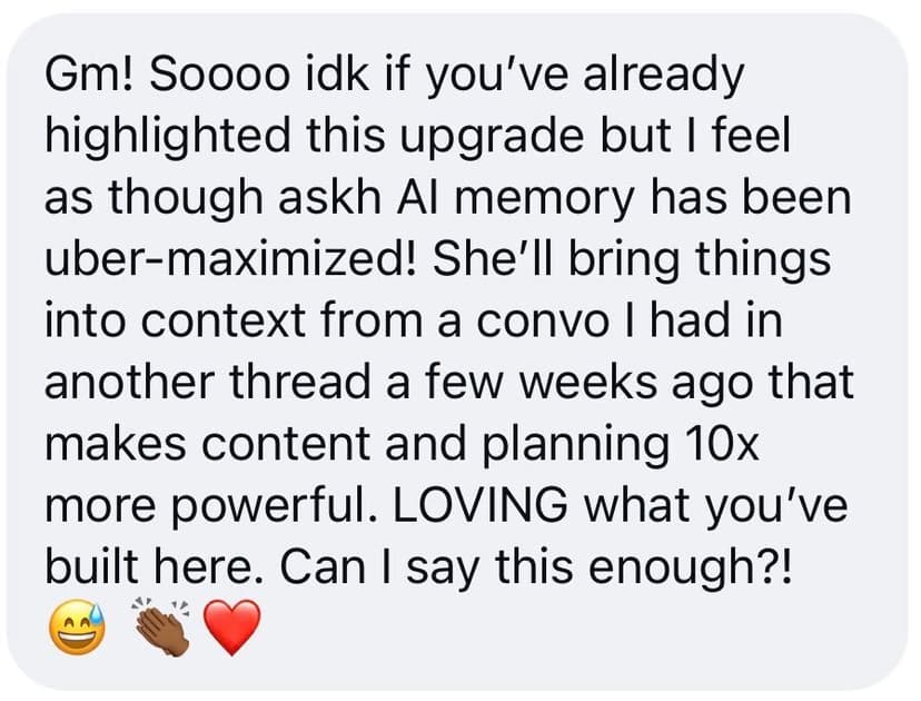 Testimonial — Ask H's memory makes content and planning 10x more powerful