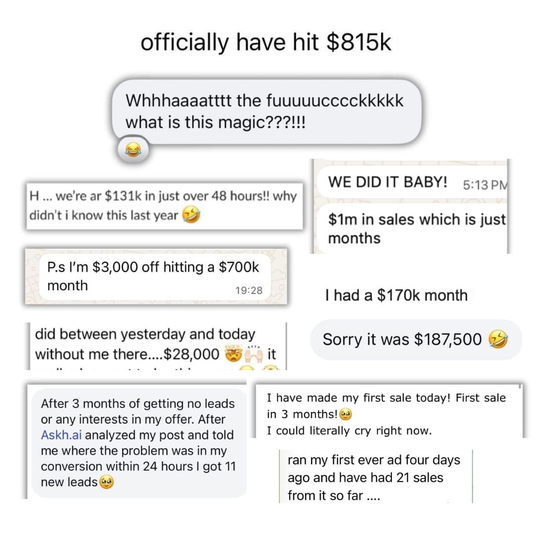 Client results — $815k hit, $1m in sales, $700k and $170k months, 21 sales from a first ad, and 11 new leads from askh.ai