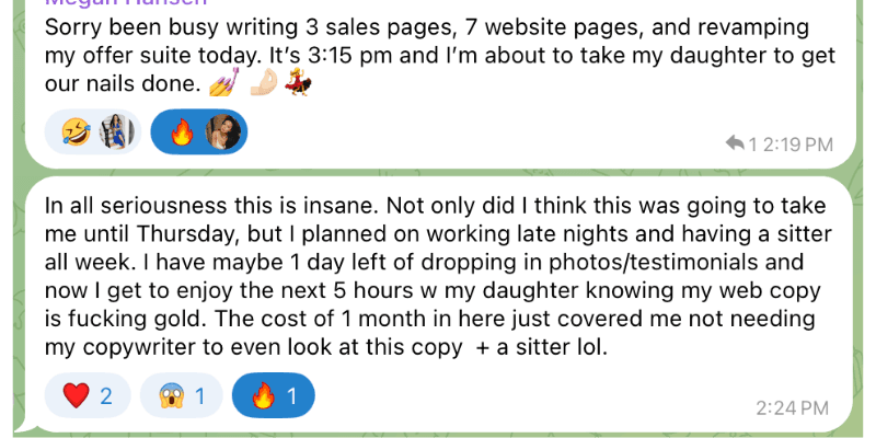 Penelope testimonial — wrote 3 sales pages and 7 website pages in a day, web copy is gold, replaced my copywriter
